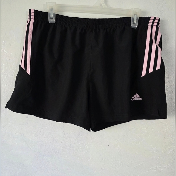 Adidas Black and Pink Athletic Shorts with Striped Waistband - Picture 1 of 5